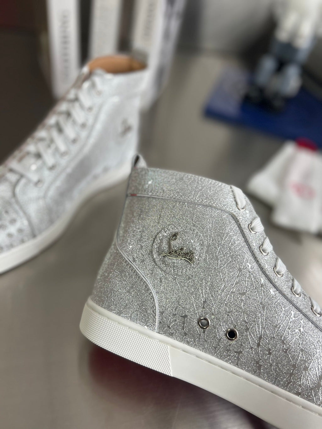 GLITTER LOU SPIKES STUDDED HIGH-TOP SNEAKERS IN SILVER-TONE CALFSKIN
