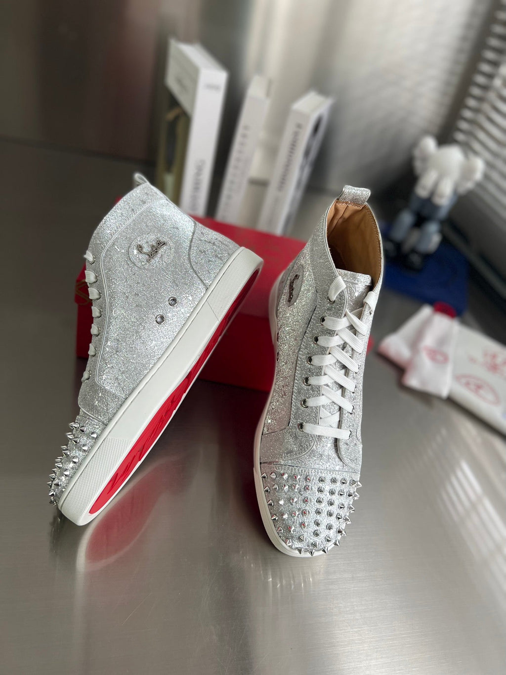 GLITTER LOU SPIKES STUDDED HIGH-TOP SNEAKERS IN SILVER-TONE CALFSKIN