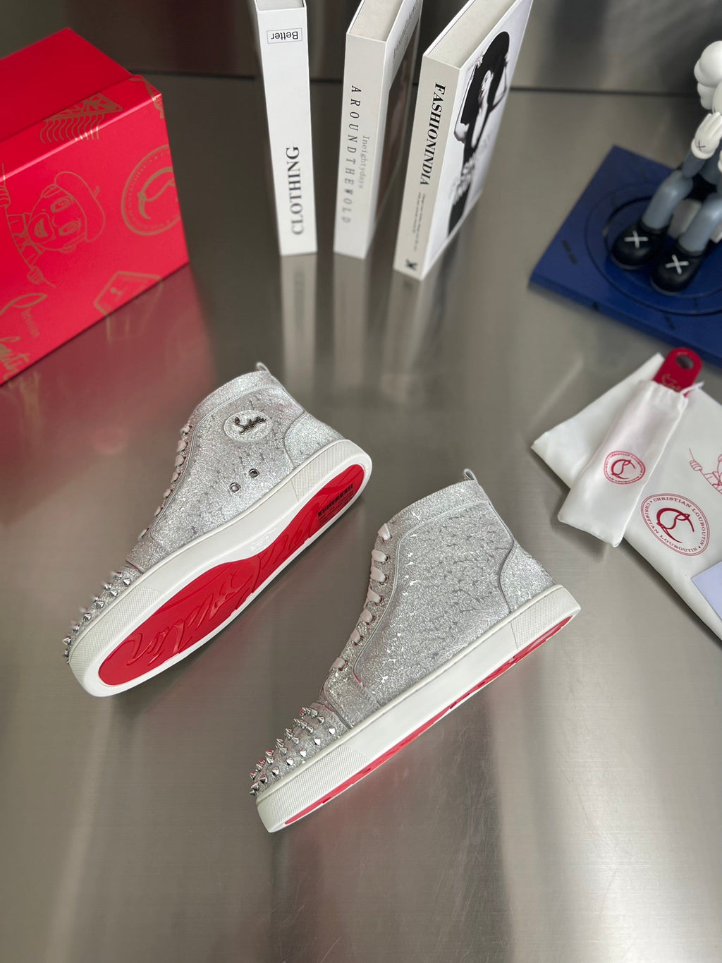 GLITTER LOU SPIKES STUDDED HIGH-TOP SNEAKERS IN SILVER-TONE CALFSKIN