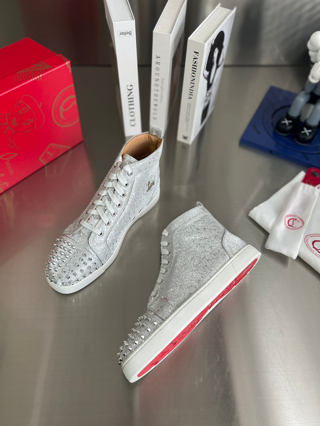 GLITTER LOU SPIKES STUDDED HIGH-TOP SNEAKERS IN SILVER-TONE CALFSKIN