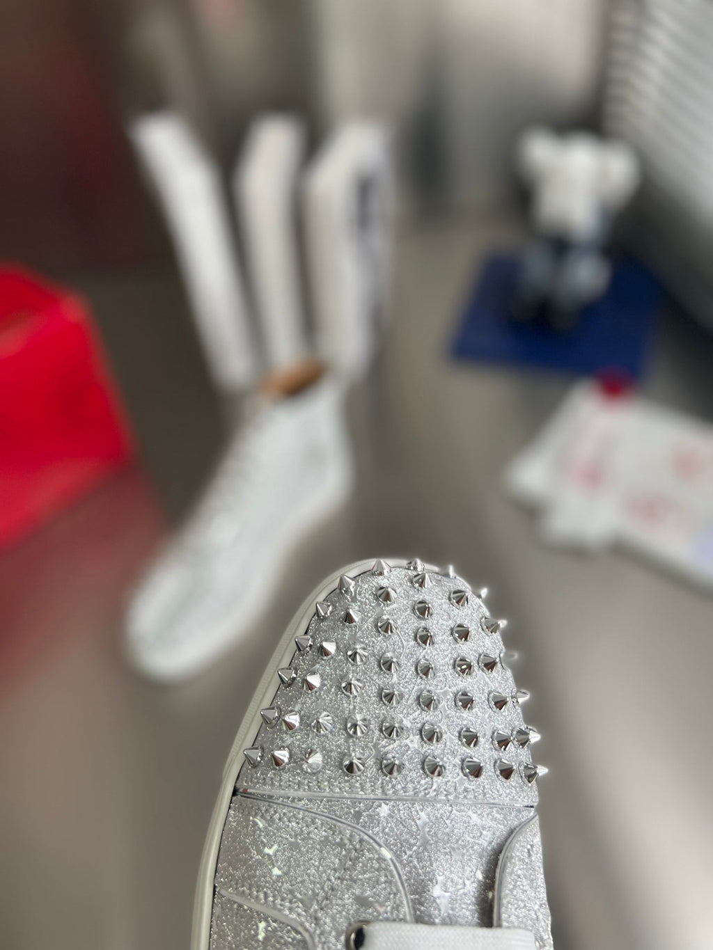 GLITTER LOU SPIKES STUDDED HIGH-TOP SNEAKERS IN SILVER-TONE CALFSKIN