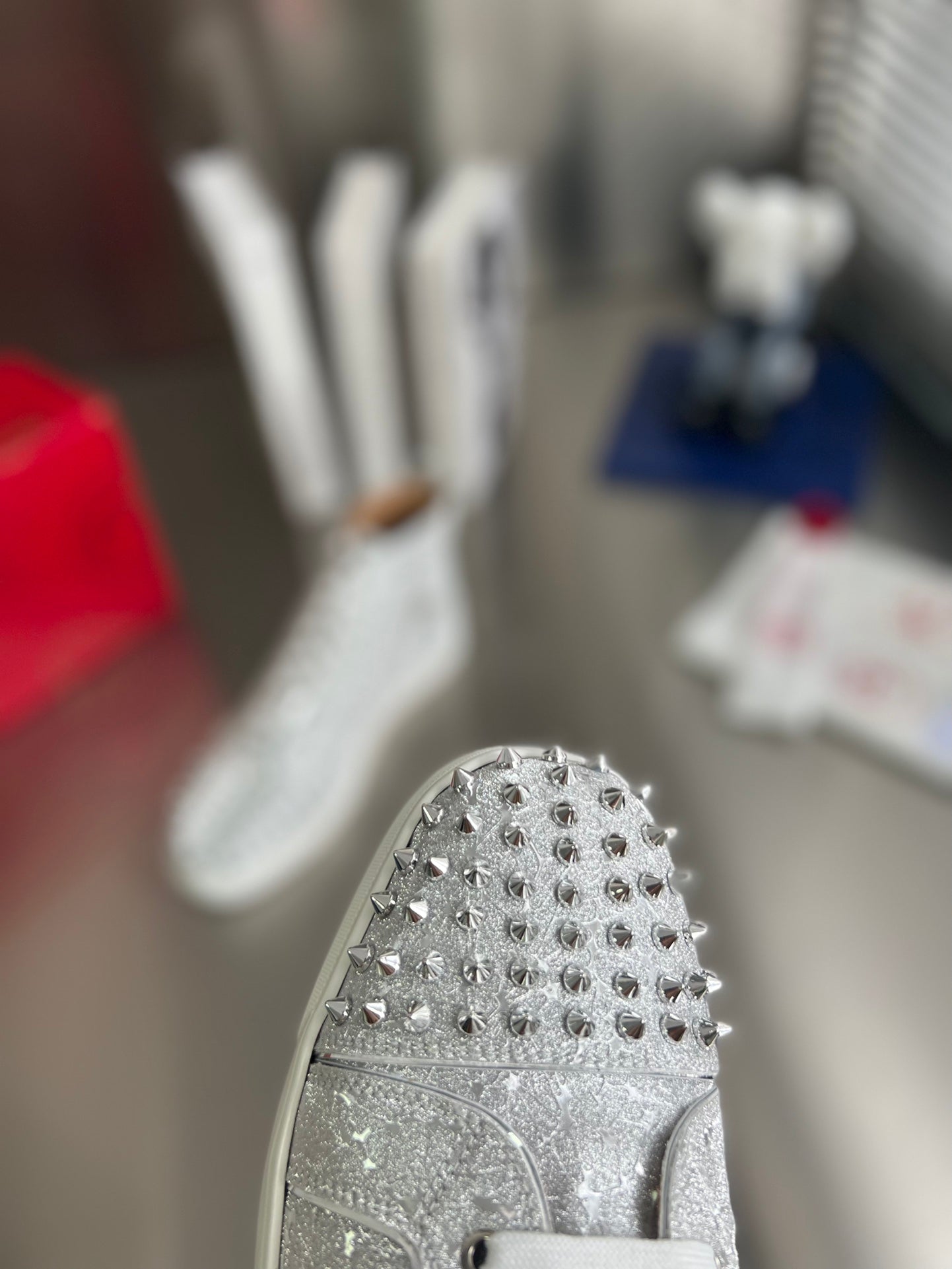 GLITTER LOU SPIKES STUDDED HIGH-TOP SNEAKERS IN SILVER-TONE CALFSKIN