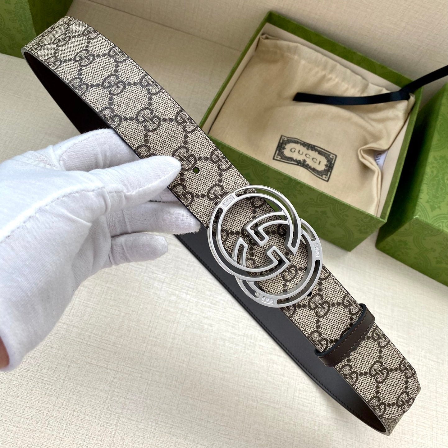GG MARMONT MONOGRAM BELT 40 MM SILVER HARDWARE