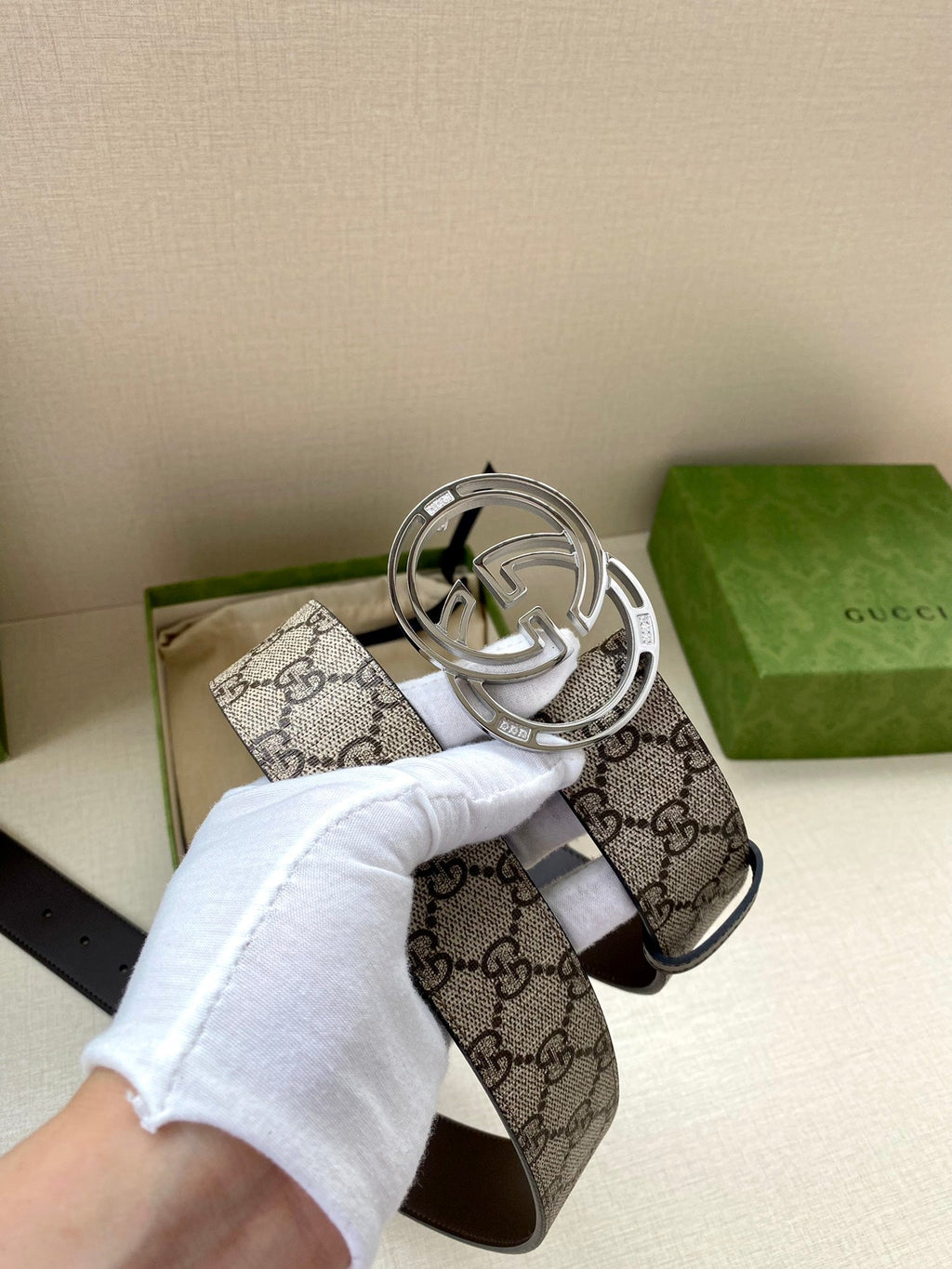 GG MARMONT MONOGRAM BELT 40 MM SILVER HARDWARE