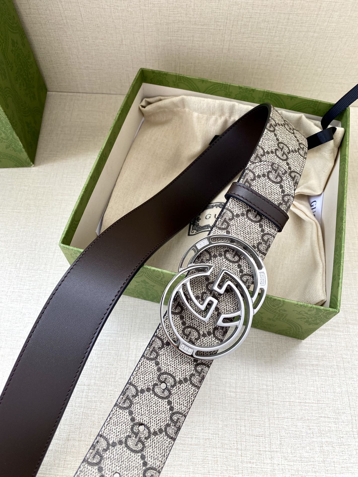 GG MARMONT MONOGRAM BELT 40 MM SILVER HARDWARE
