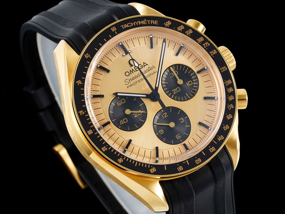 SPEEDMASTER MOONWATCH PROFESSIONAL 42 MM GOLD CASE ON BLACK LEATHER STRAP