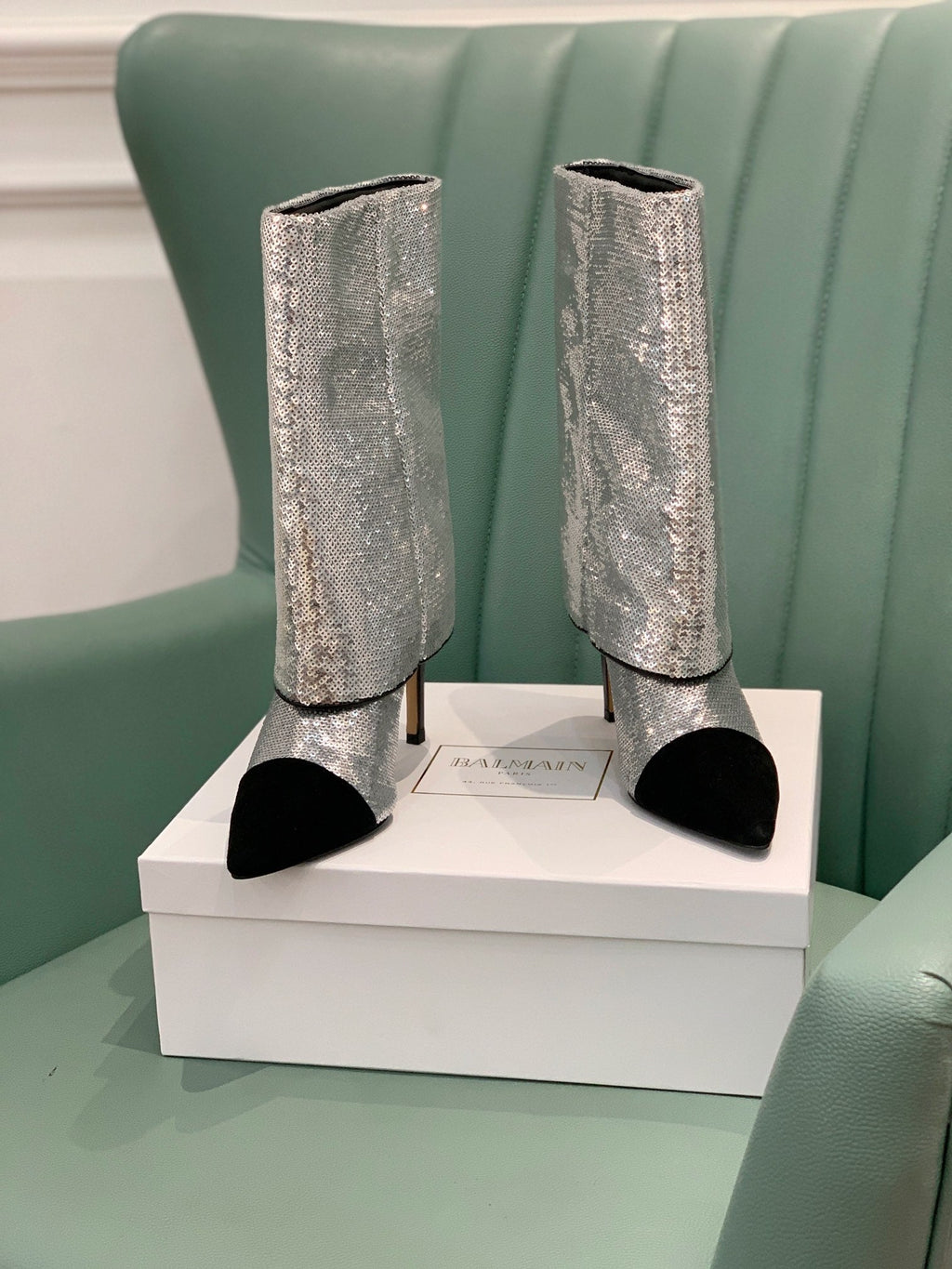 BALMAIN 26S BOOTS 105 MM IN SILVER GLITTER AND BLACK SUEDE