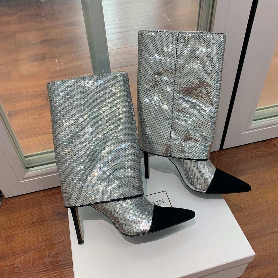 BALMAIN 26S BOOTS 105 MM IN SILVER GLITTER AND BLACK SUEDE