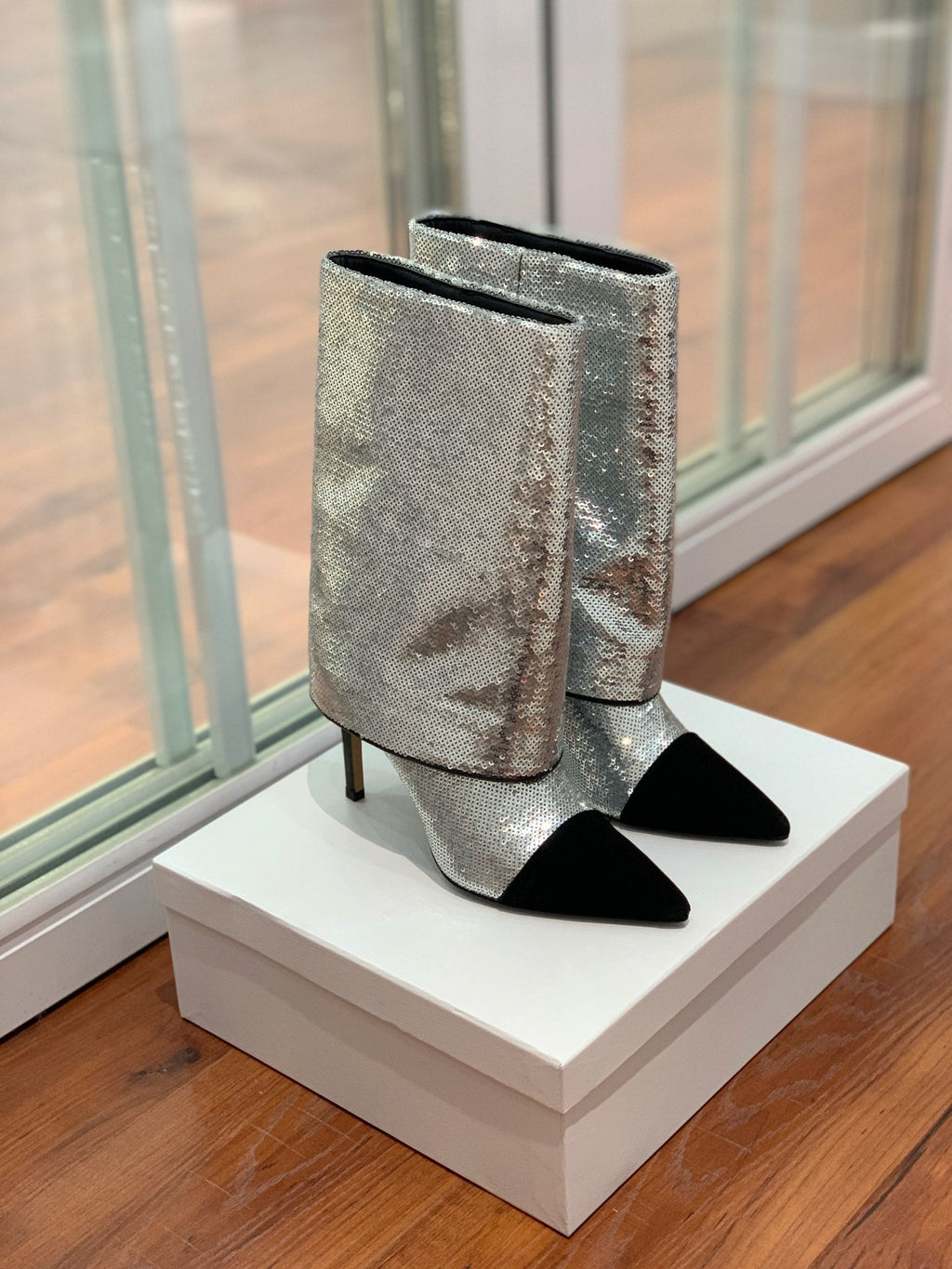 BALMAIN 26S BOOTS 105 MM IN SILVER GLITTER AND BLACK SUEDE