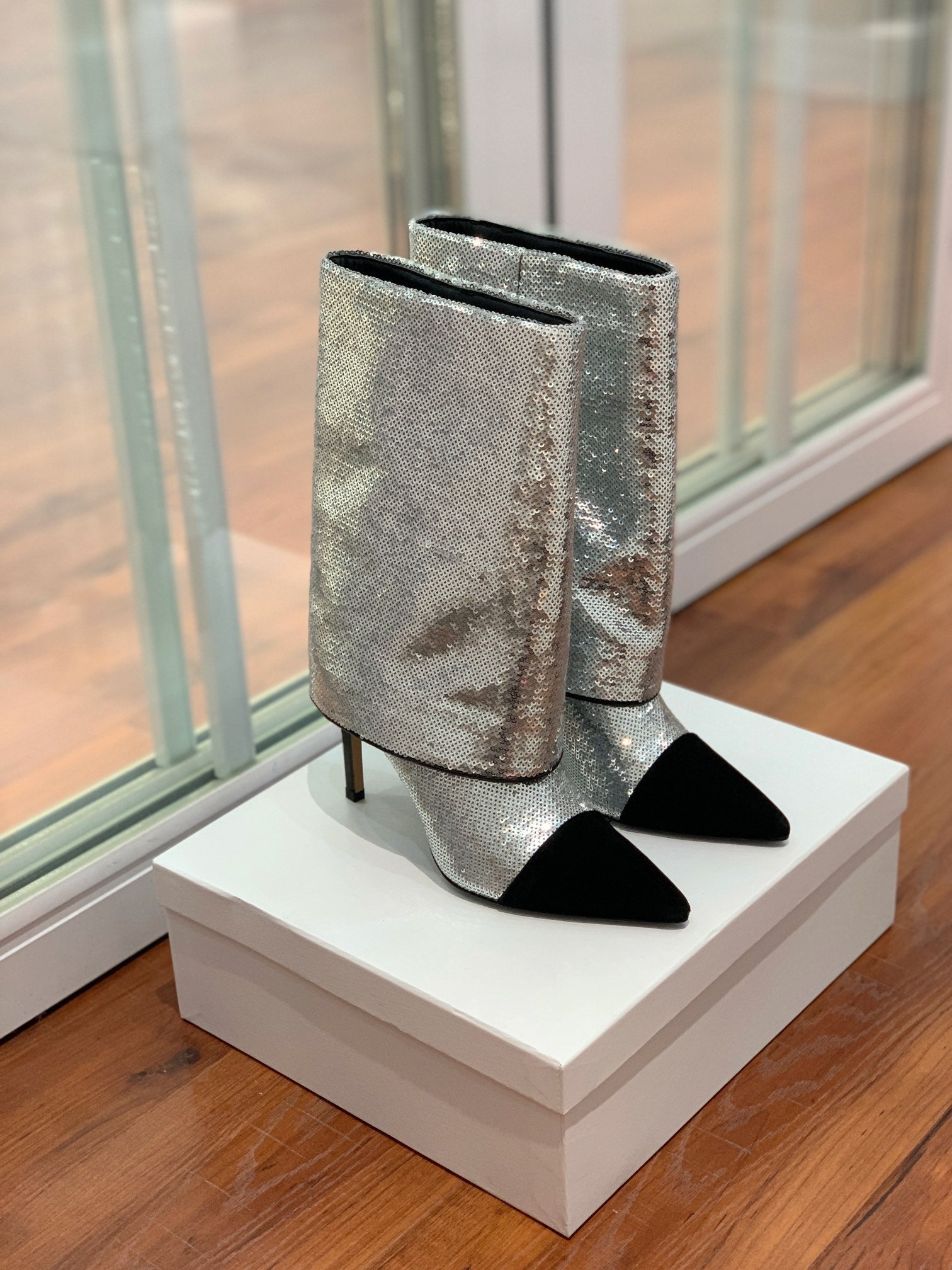 BALMAIN 26S BOOTS 105 MM IN SILVER GLITTER AND BLACK SUEDE