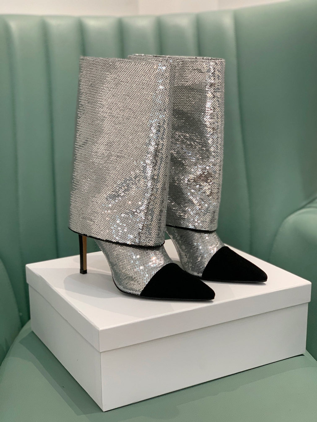BALMAIN 26S BOOTS 105 MM IN SILVER GLITTER AND BLACK SUEDE