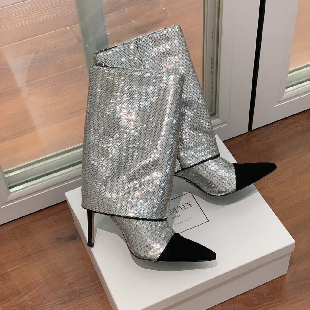 BALMAIN 26S BOOTS 105 MM IN SILVER GLITTER AND BLACK SUEDE
