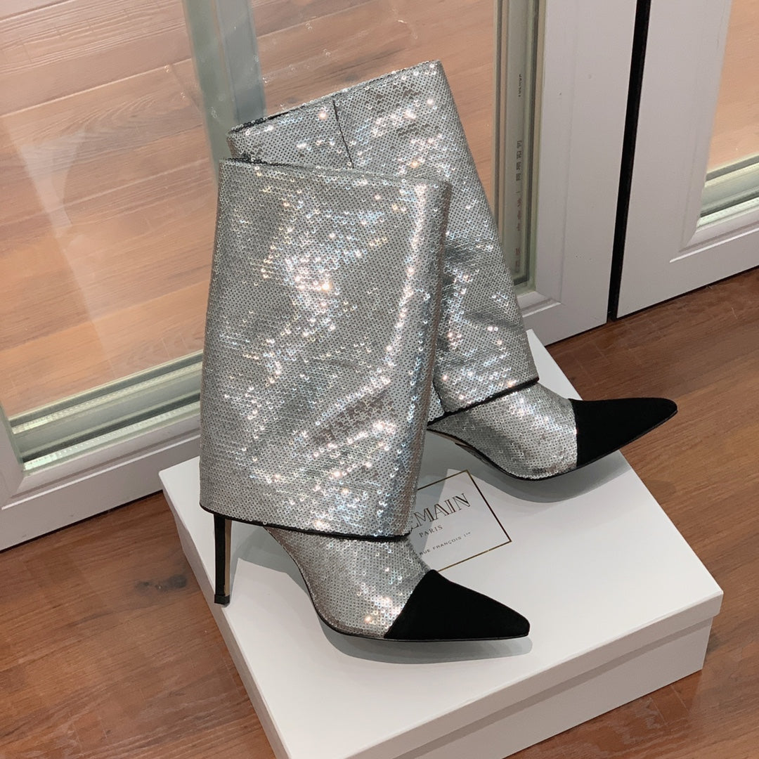 BALMAIN 26S BOOTS 105 MM IN SILVER GLITTER AND BLACK SUEDE