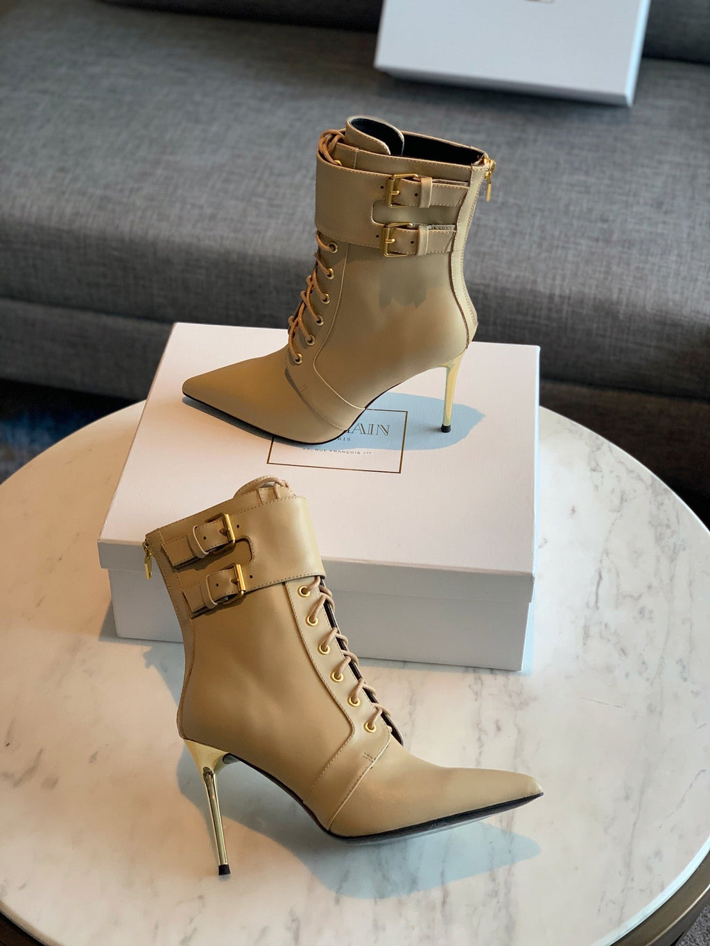 BALMAIN 26S LACE-UP ANKLE BOOTS 105 MM IN BEIGE CALFSKIN