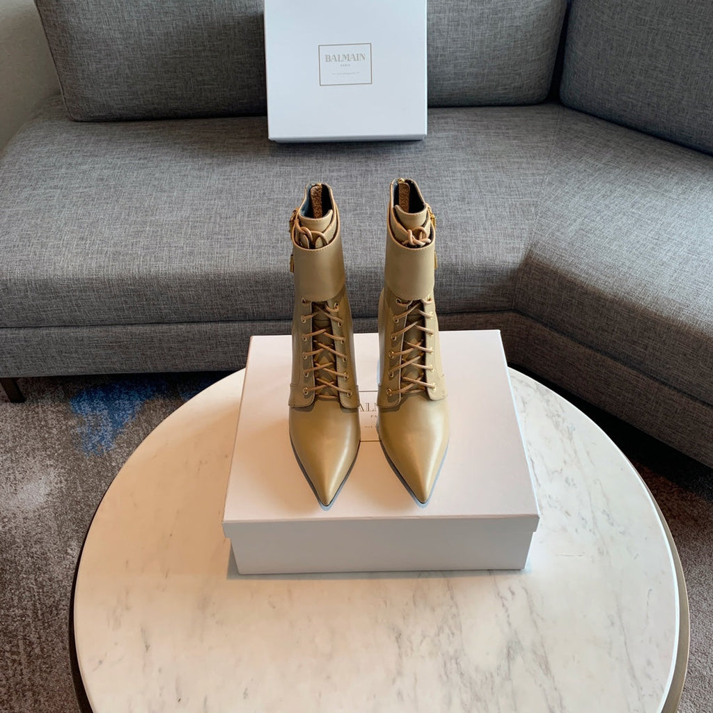 BALMAIN 26S LACE-UP ANKLE BOOTS 105 MM IN BEIGE CALFSKIN