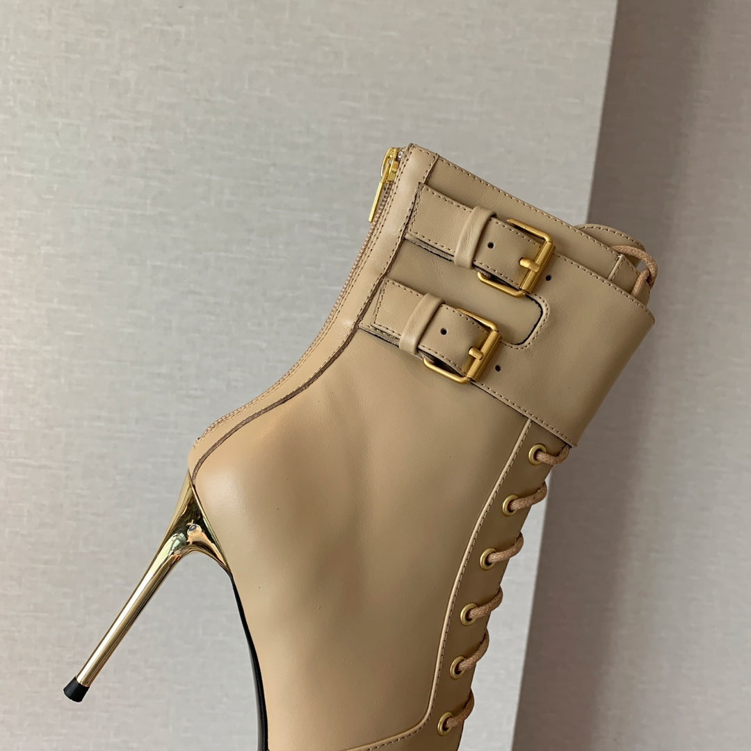 BALMAIN 26S LACE-UP ANKLE BOOTS 105 MM IN BEIGE CALFSKIN