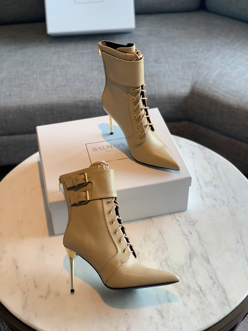 BALMAIN 26S LACE-UP ANKLE BOOTS 105 MM IN BEIGE CALFSKIN
