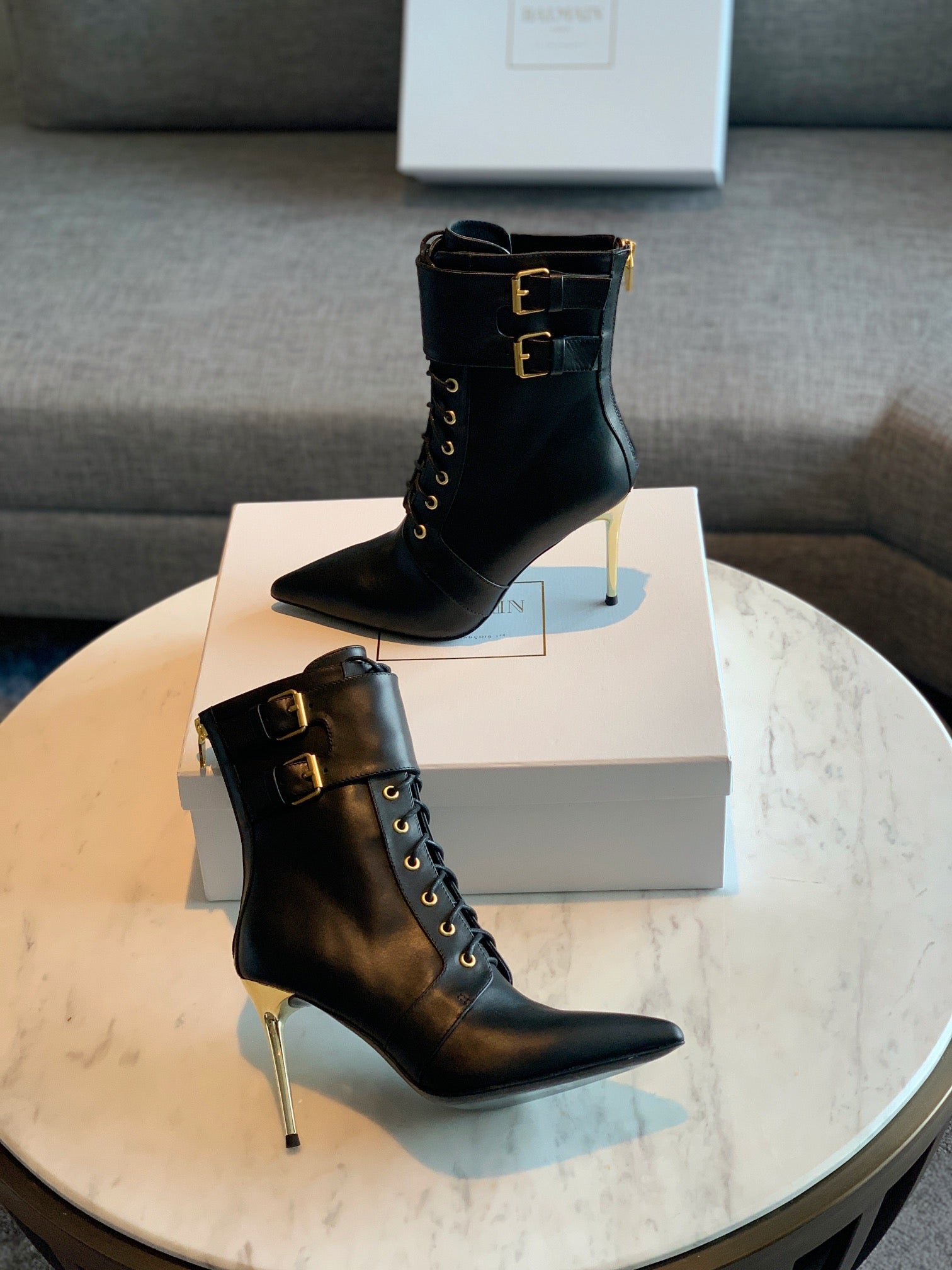 BALMAIN 26S LACE-UP ANKLE BOOTS 105 MM IN BLACK CALFSKIN