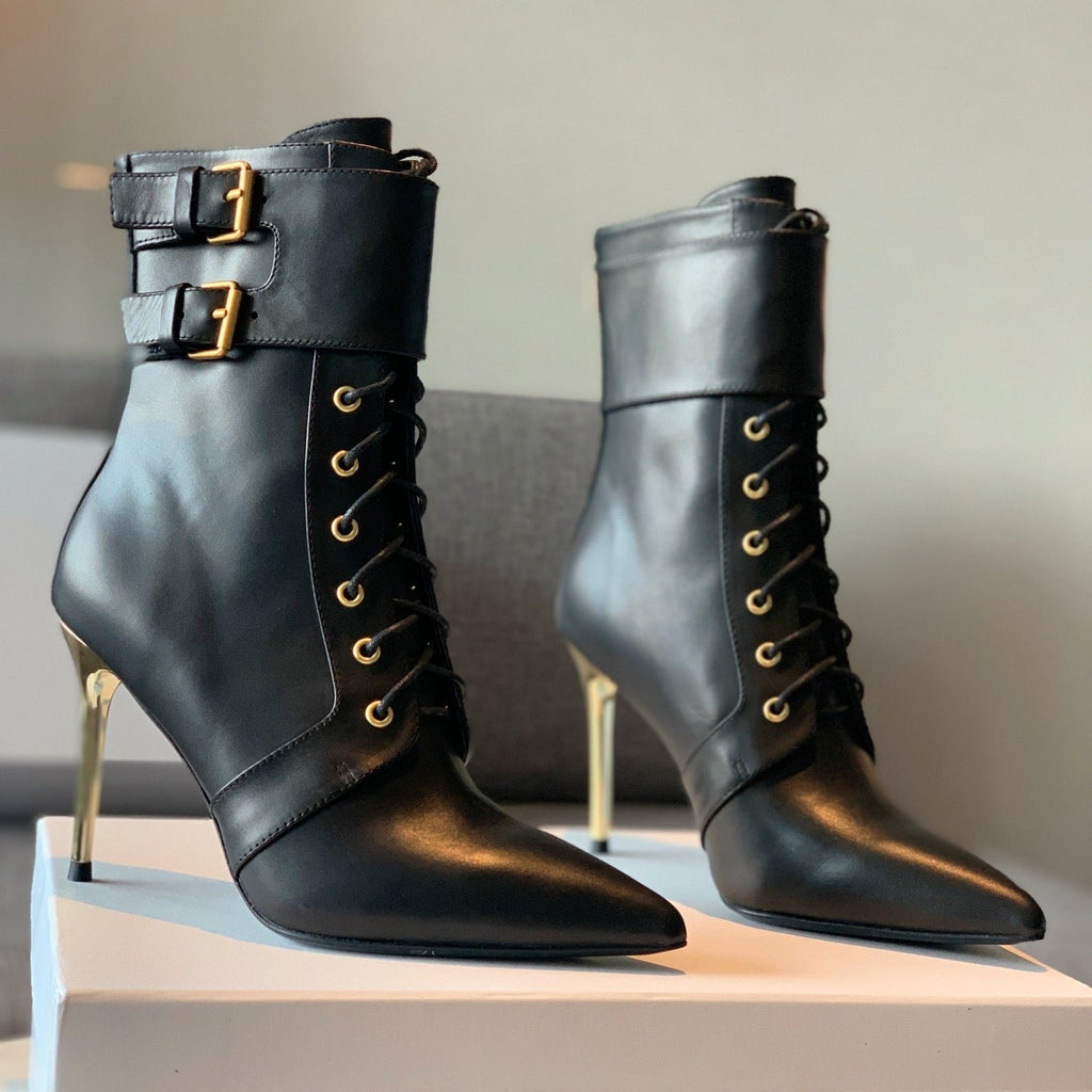 BALMAIN 26S LACE-UP ANKLE BOOTS 105 MM IN BLACK CALFSKIN