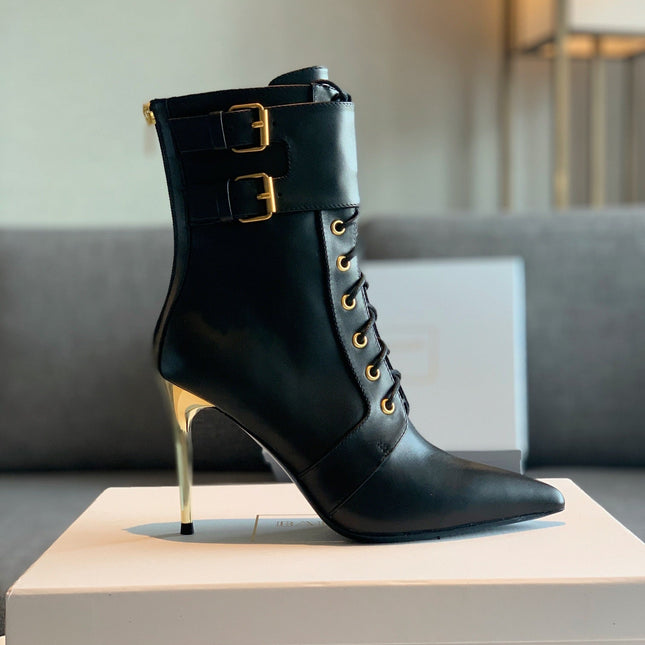 BALMAIN 26S LACE-UP ANKLE BOOTS 105 MM IN BLACK CALFSKIN