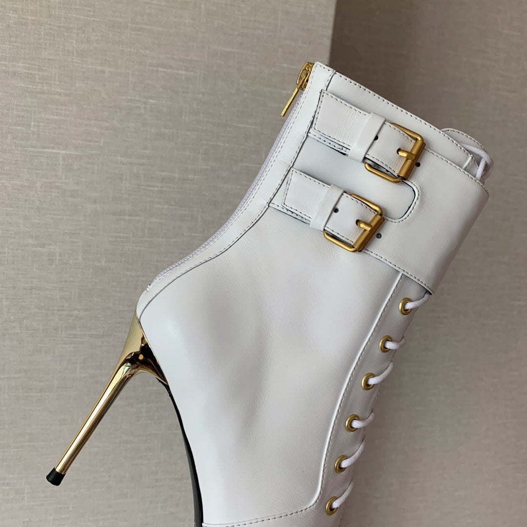 BALMAIN 26S LACE-UP ANKLE BOOTS 105 MM IN WHITE CALFSKIN