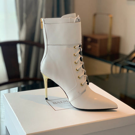 BALMAIN 26S LACE-UP ANKLE BOOTS 105 MM IN WHITE CALFSKIN