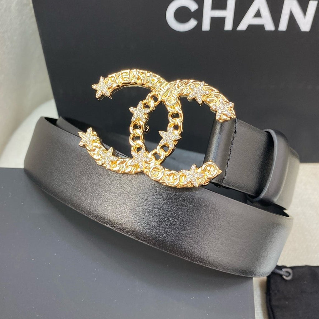 CC BELT 30 MM IN BLACK CALFSKIN WITH GOLD BUCKLE HARDWARE
