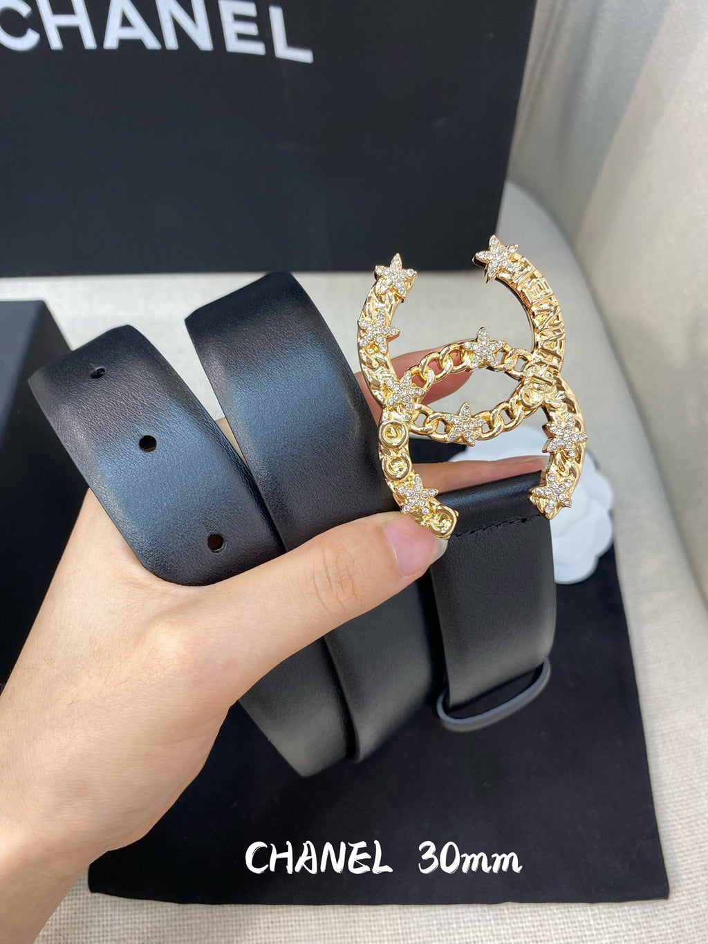 CC BELT 30 MM IN BLACK CALFSKIN WITH GOLD BUCKLE HARDWARE