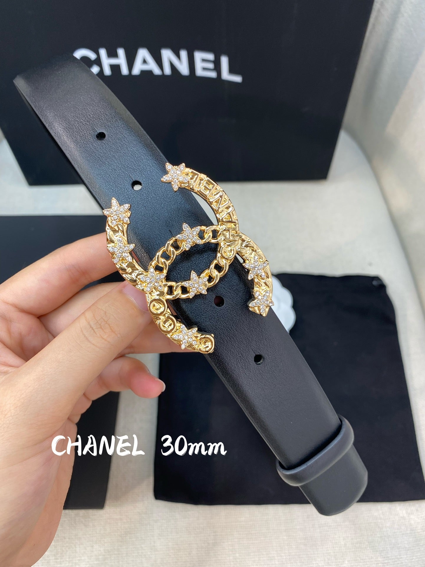 CC BELT 30 MM IN BLACK CALFSKIN WITH GOLD BUCKLE HARDWARE