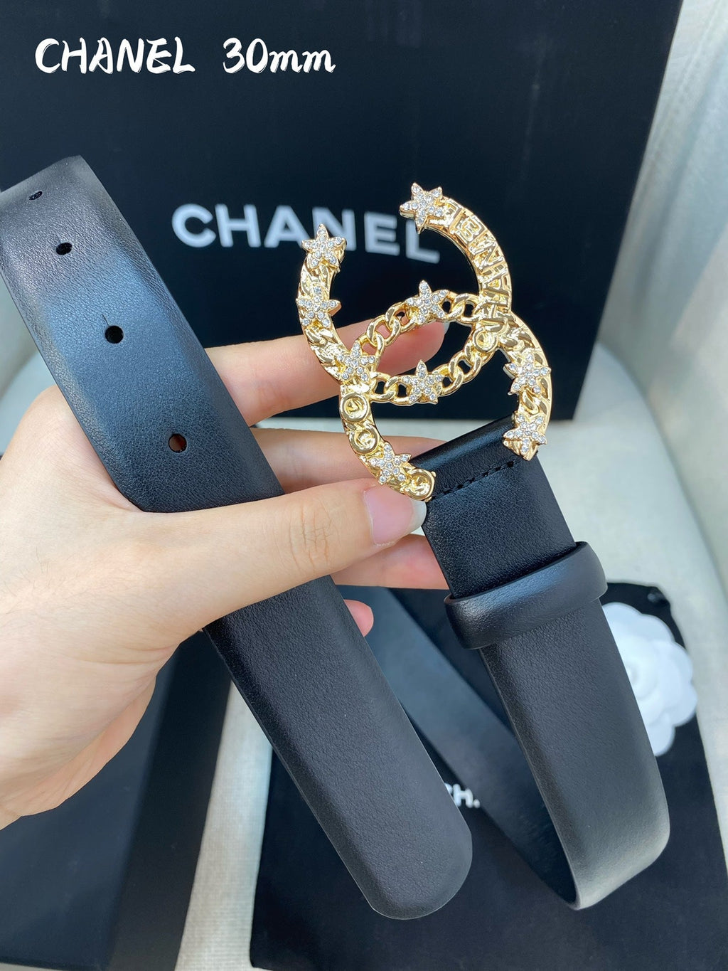 CC BELT 30 MM IN BLACK CALFSKIN WITH GOLD BUCKLE HARDWARE