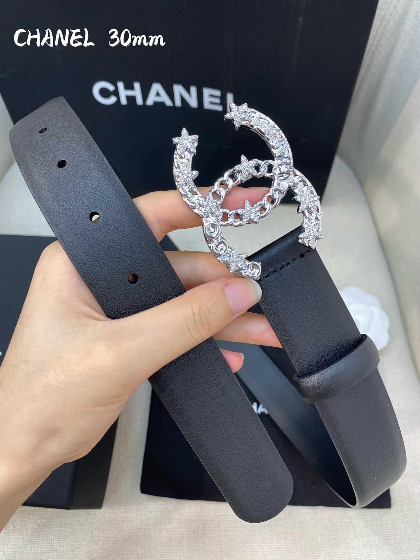 CC BELT 30 MM IN BLACK CALFSKIN WITH SILVER BUCKLE HARDWARE