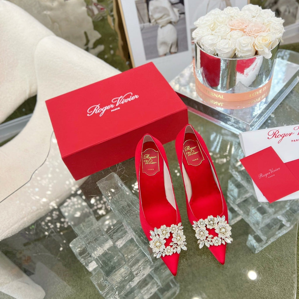 EFFLORESCENCE POINTED-TOE PUMPS IN RED SATIN WITH CRYSTAL BUCKLE