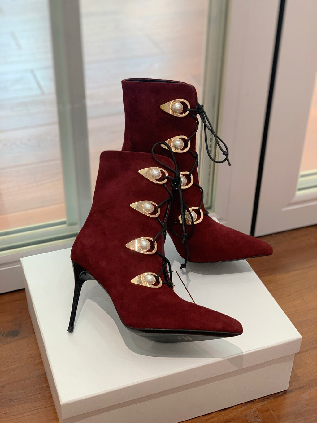 BALMAIN 26S BOOT 95 MM IN DARK RED SUEDE PEARL BUTTON