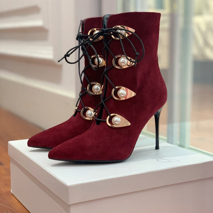 BALMAIN 26S BOOT 95 MM IN DARK RED SUEDE PEARL BUTTON