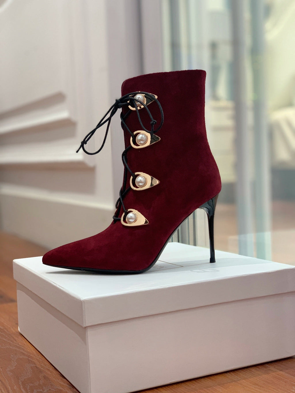 BALMAIN 26S BOOT 95 MM IN DARK RED SUEDE PEARL BUTTON