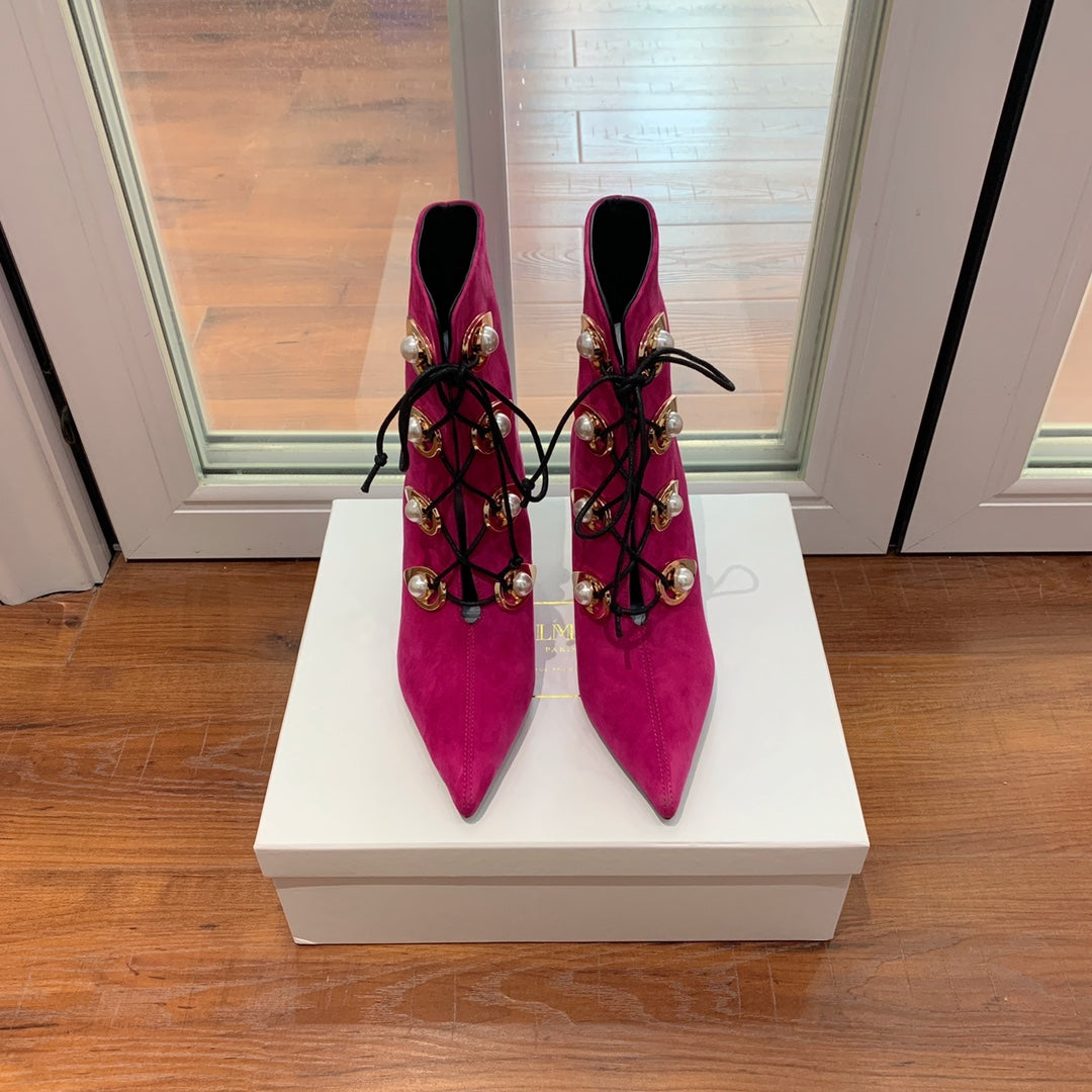 BALMAIN 26S BOOT 95 MM IN DARK PINK SUEDE PEARL BUTTON
