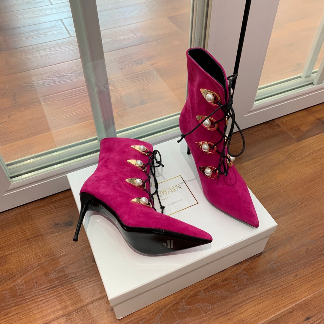 BALMAIN 26S BOOT 95 MM IN DARK PINK SUEDE PEARL BUTTON