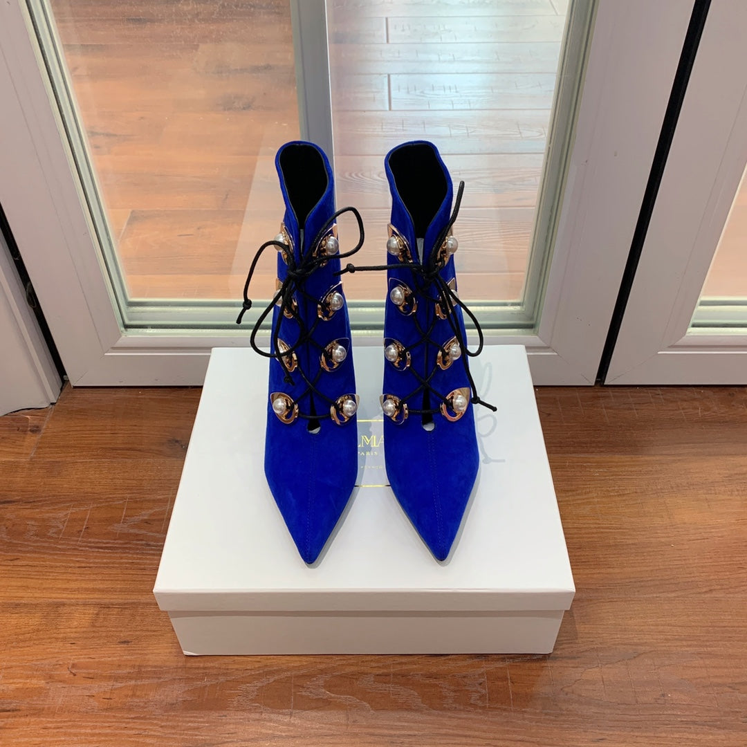 BALMAIN 26S BOOT 95 MM IN DARK BLUE SUEDE PEARL BUTTON