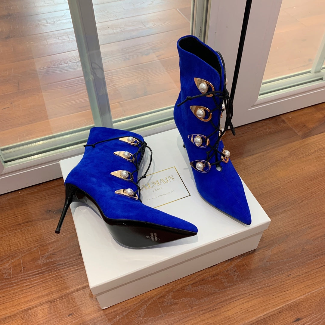 BALMAIN 26S BOOT 95 MM IN DARK BLUE SUEDE PEARL BUTTON