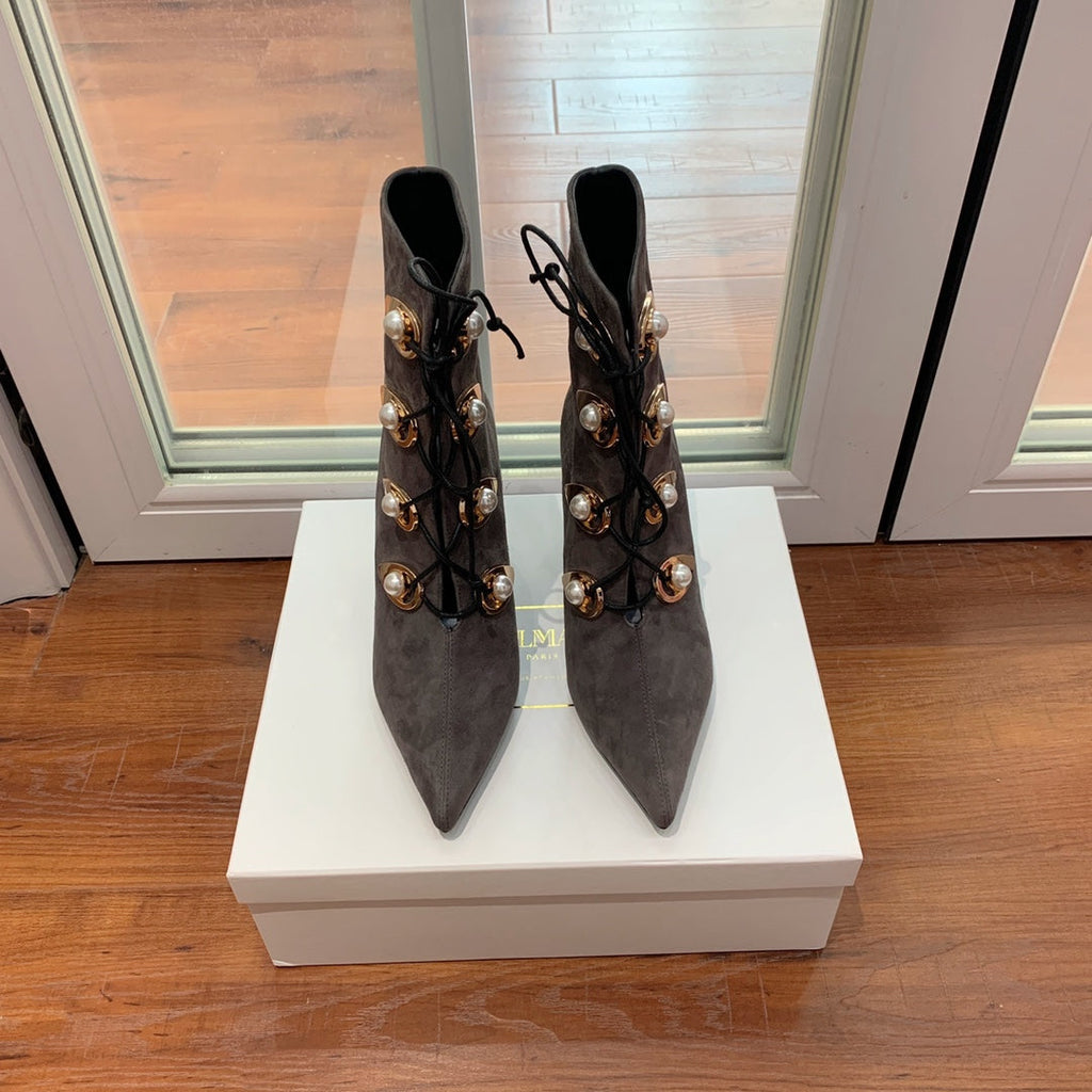 BALMAIN 26S BOOT 95 MM IN CHARCOAL GREY SUEDE PEARL BUTTON