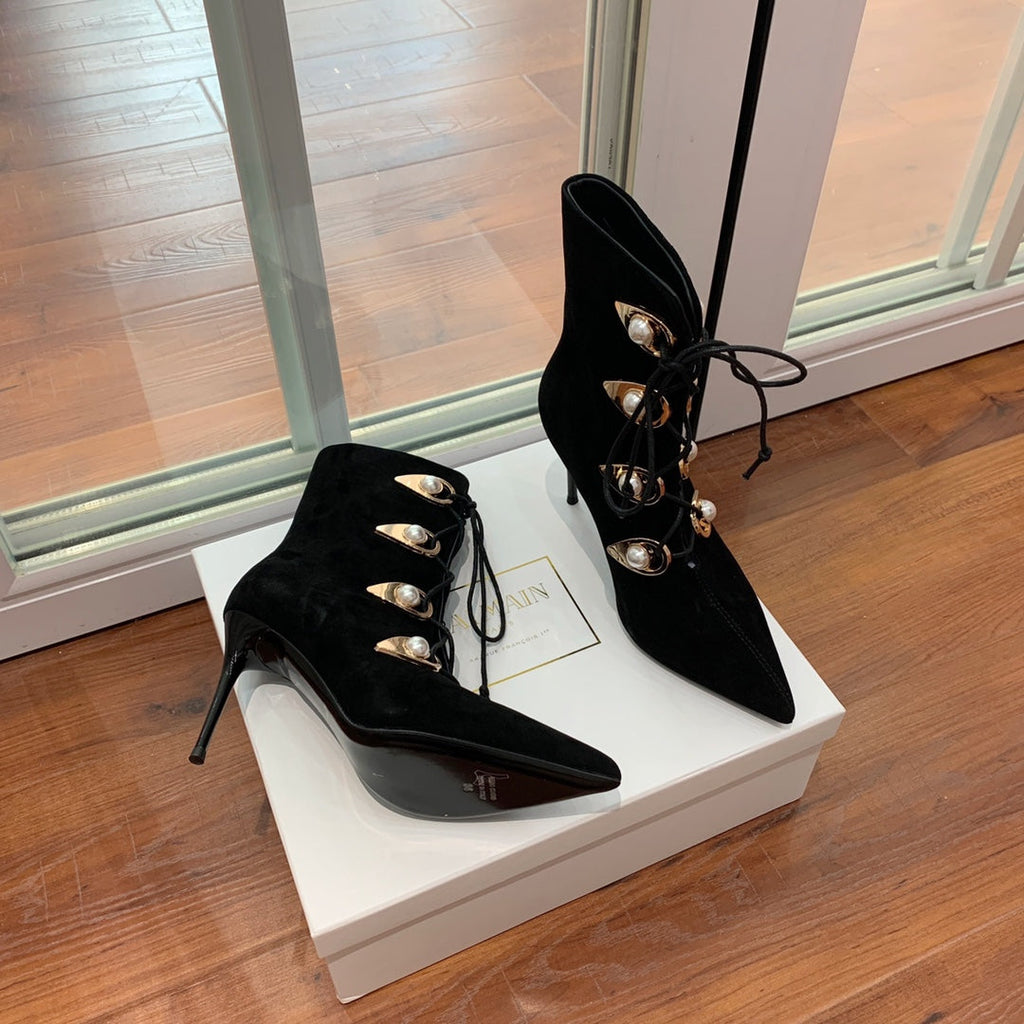 BALMAIN 26S BOOT 95 MM IN BLACK SUEDE PEARL BUTTON