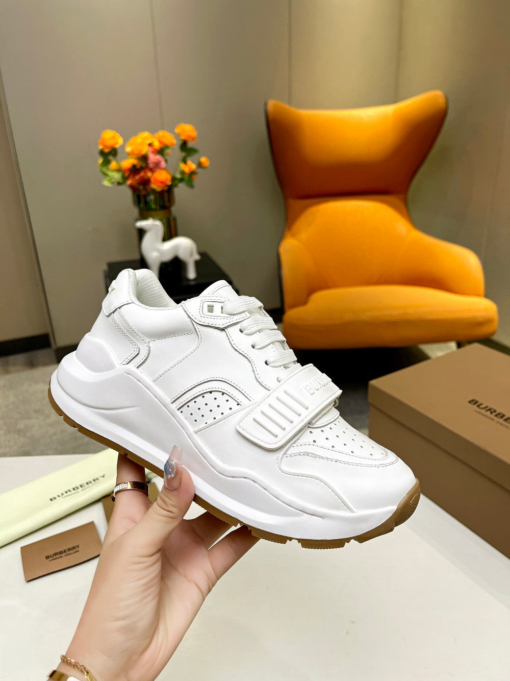 BURBERRY 26S PERFORATED SNEAKERS IN WHITE CALFSKIN