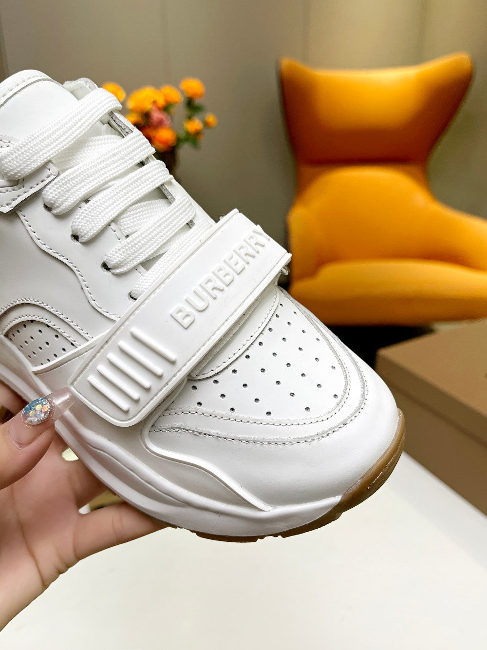 BURBERRY 26S PERFORATED SNEAKERS IN WHITE CALFSKIN