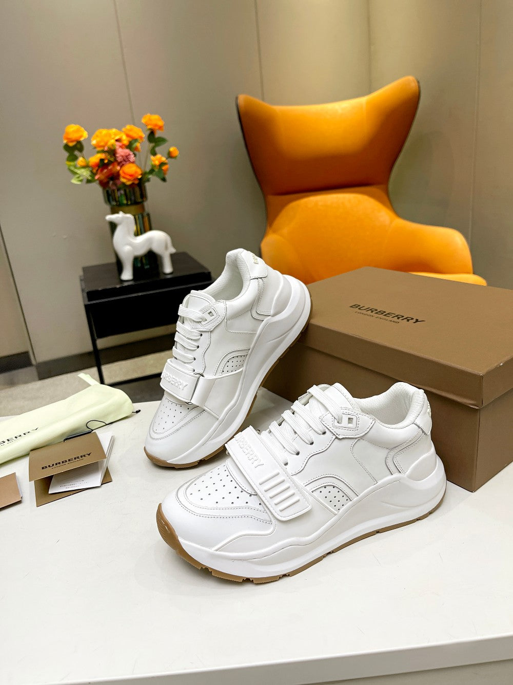 BURBERRY 26S PERFORATED SNEAKERS IN WHITE CALFSKIN