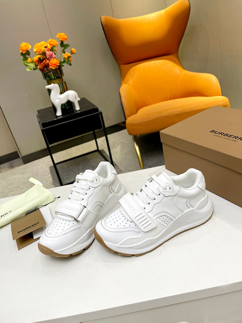 BURBERRY 26S PERFORATED SNEAKERS IN WHITE CALFSKIN