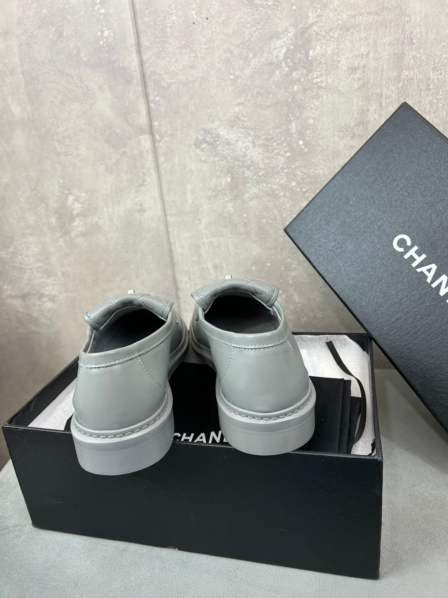CHANEL 26S LOAFERS IN GREY QUILTED CALFSKIN WITH CC LOGO