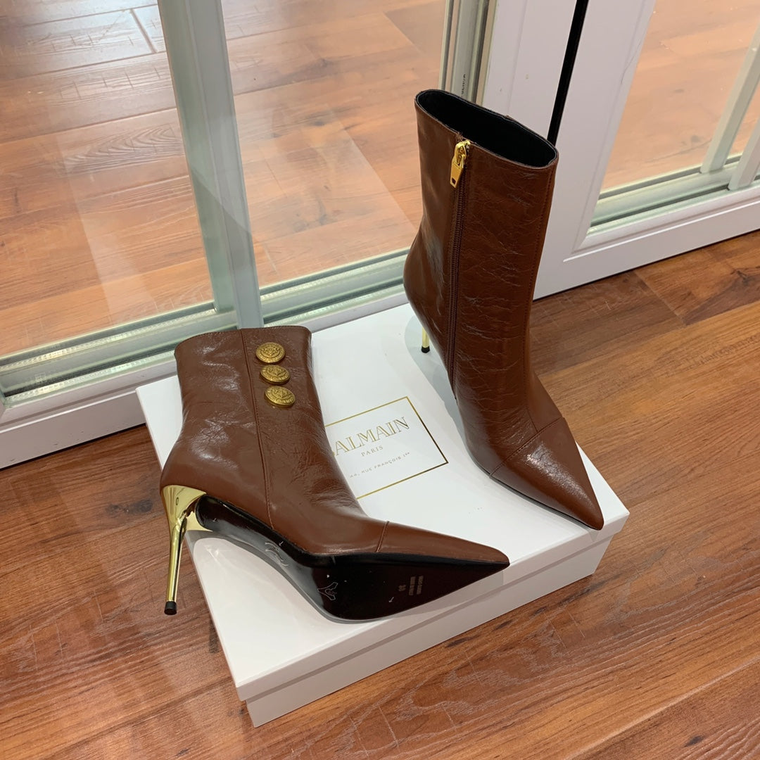 BALMAIN 26S BOOT 105 MM IN BROWN CALFSKIN WITH GOLD HARDWARE