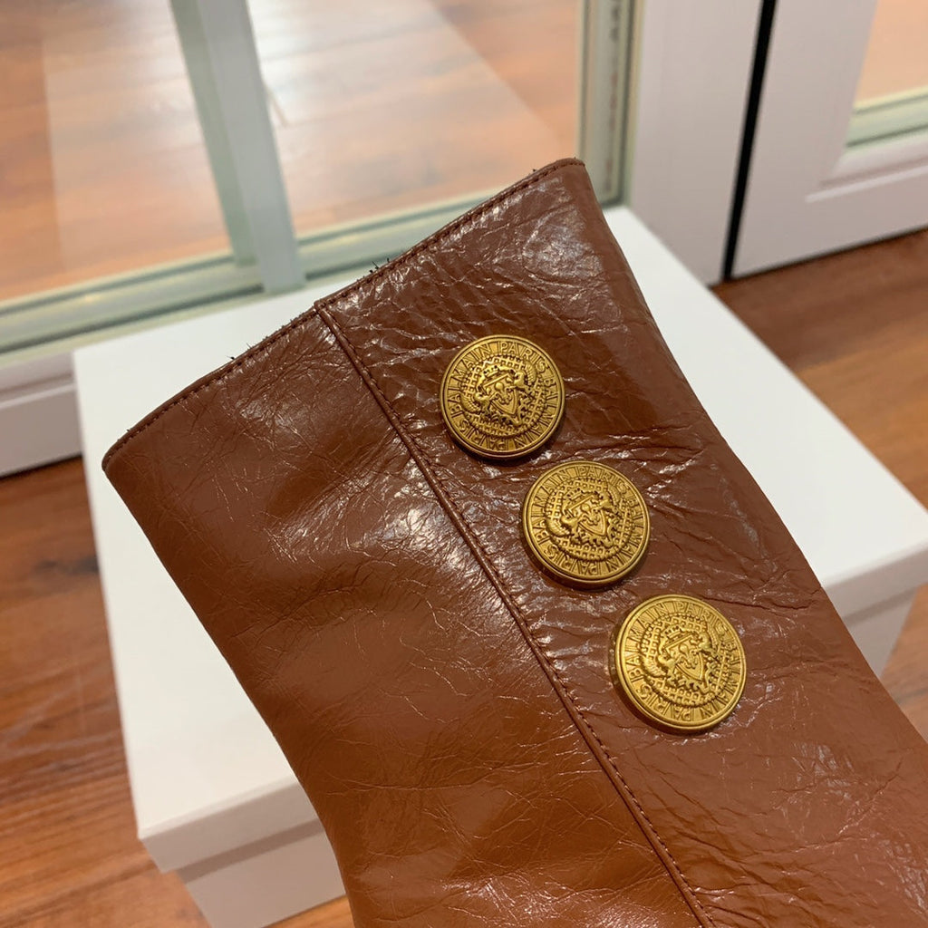 BALMAIN 26S BOOT 105 MM IN BROWN CALFSKIN WITH GOLD HARDWARE