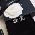 CHANEL 26S DOUBLE C LOGO BLACK CRYSTAL PAVE STUD EARRINGS IN SILVER METAL 633228