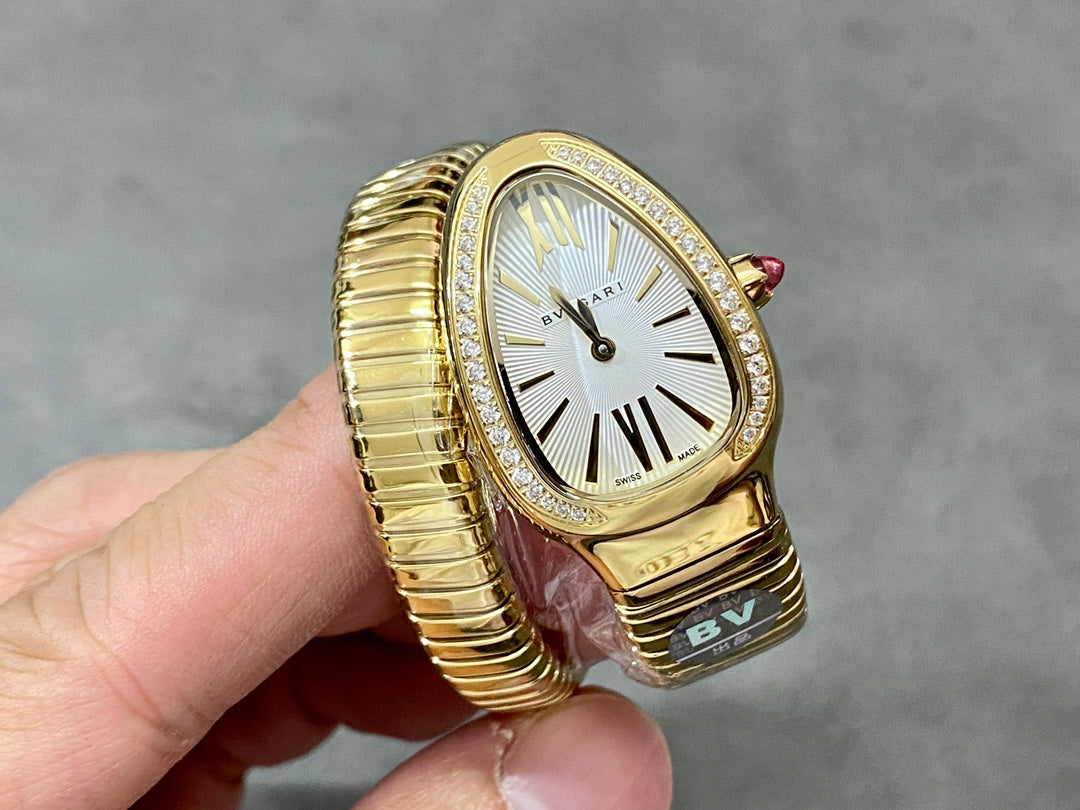 SERPENTI TUBOGAS QUARTZ YELLOW GOLD ATTACHED DIAMOND BEZEL SILVER OPALINE DIAL